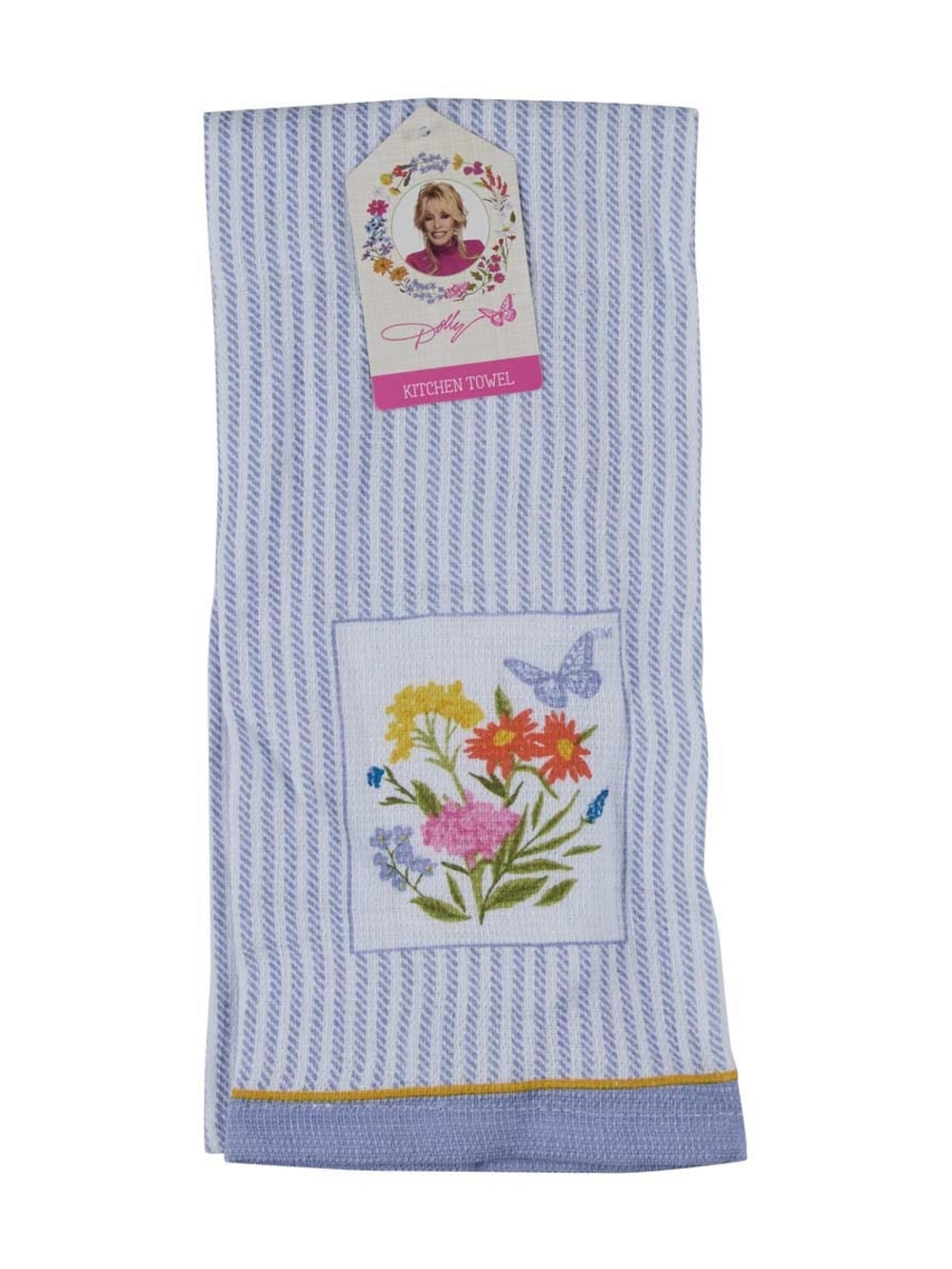 RELIST SOON DOLLY Floral Embroidered Blue Stripe Kitchen Towel - Picture 3 of 4